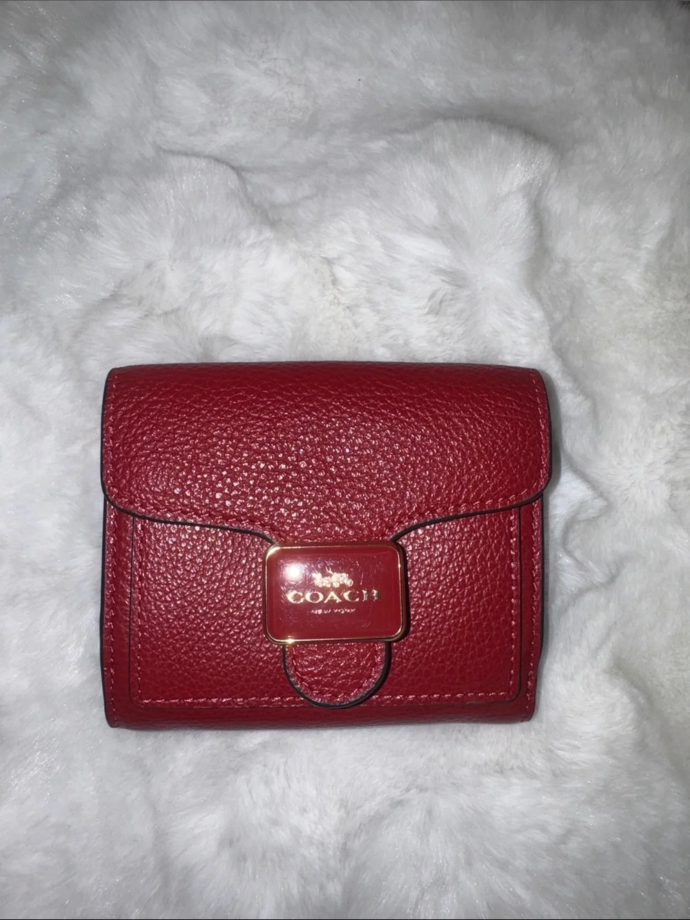 Coach Pepper Pebbled Leather Compact Wallet in Deep Red with Gold Hardware